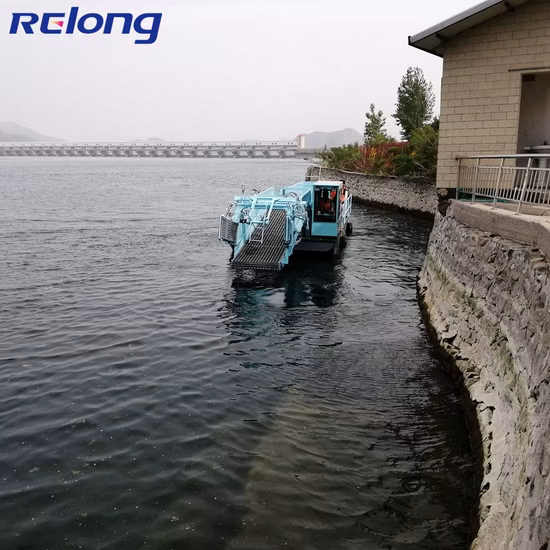 Barco cortador de ervas daninhas aquático com correia transportadora de aço inoxidável